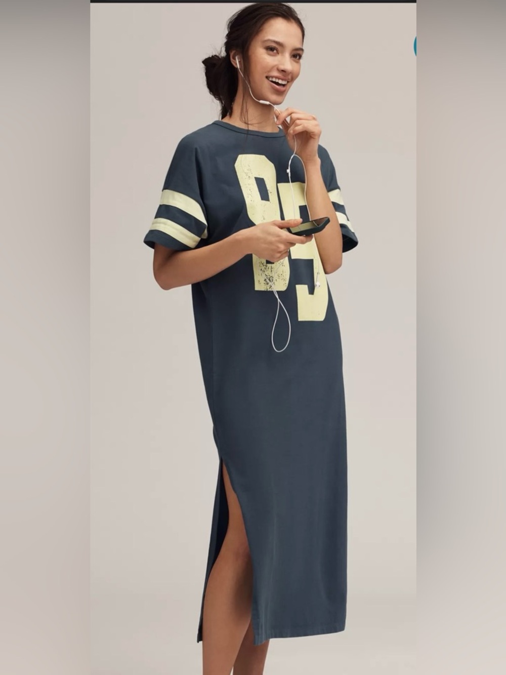Anthropologie Navy Midi Tee Dress with Pale Yellow Graphic